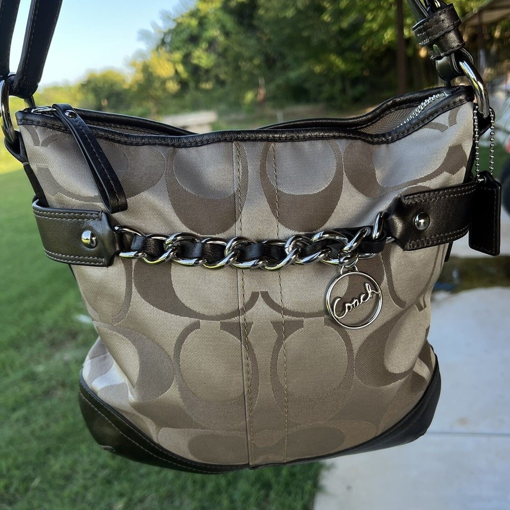 Coach Purse F19730 Signature Optic Metallic Tan Leather Shoulder Crossbody Bag